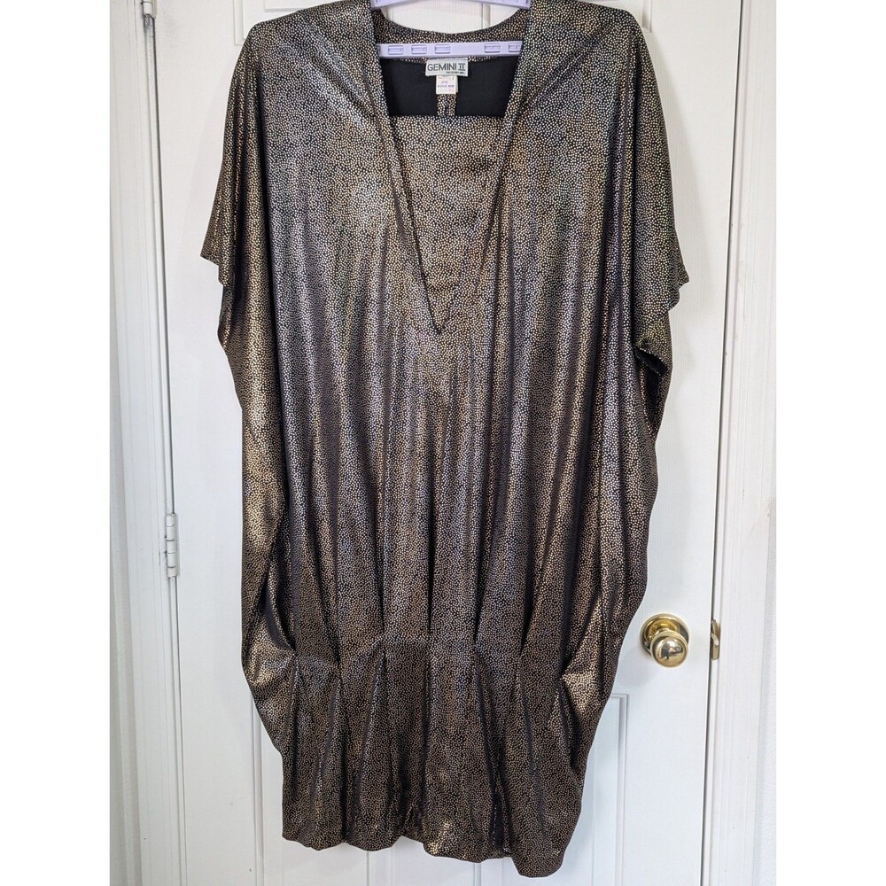 VTG Gemini II 80s Kaftan Drape Dress 18 1X Metallic Gold Black Disco Glam Retro